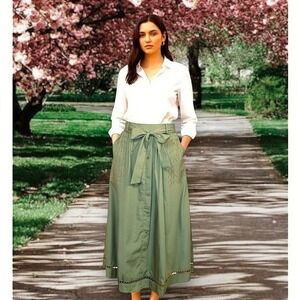 Olive Green Cotton Eyelet Maxi Skirt - Sheen Buttons Bow Tie Elastic Waist - XL